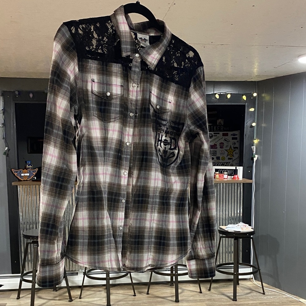Harley-Davidson Black and Pink Plaid Shirt